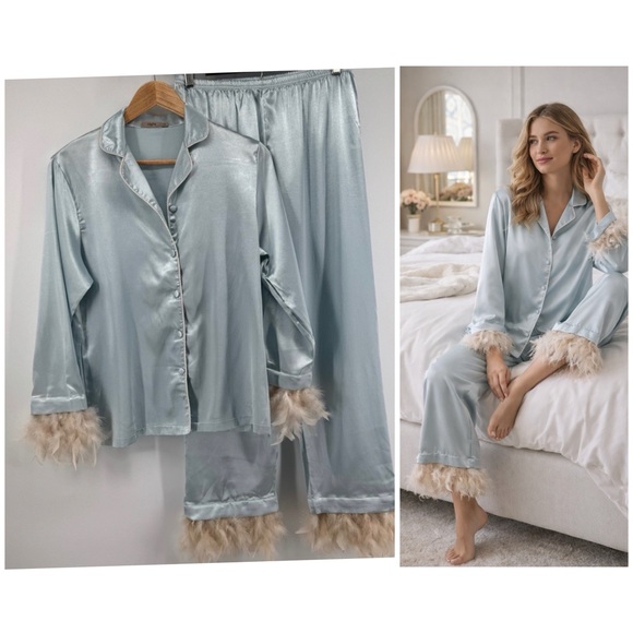 Night Other - NIGHT Elegant Ocean Sea Satin Pajama Set with Feather Trim Glamorous Size 10